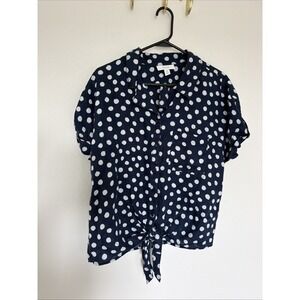 Charter Club Luxury 100% Linen Polka Dot  Tie Front V-Neck Top Navy Blue Size M